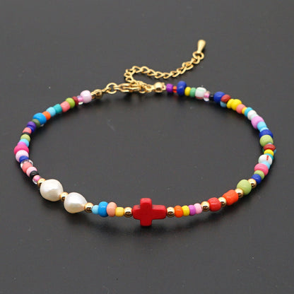 Bohemian Ethnic Style Eye Beads Rainbow Rice Beads Baroque Natural Freshwater Pearl Anklet Women