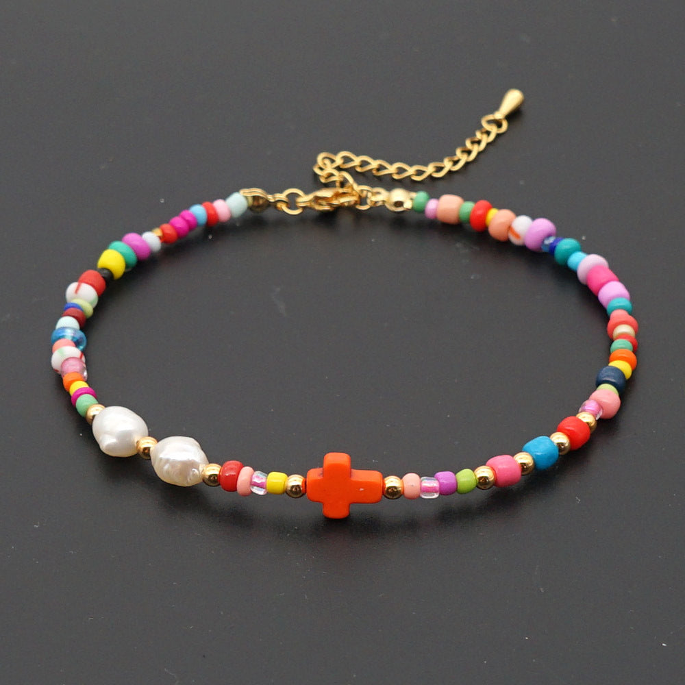 Bohemian Ethnic Style Eye Beads Rainbow Rice Beads Baroque Natural Freshwater Pearl Anklet Women