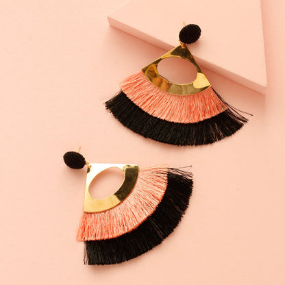 Exaggerated Hollow Tassel Earrings Bohemian Double Fan-shaped Retro Earrings Wholesale