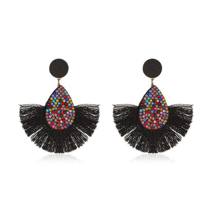 New Retro Exaggerated Colored Diamond Bohemian Creative Fan-shaped Tassel Earrings Wholesale