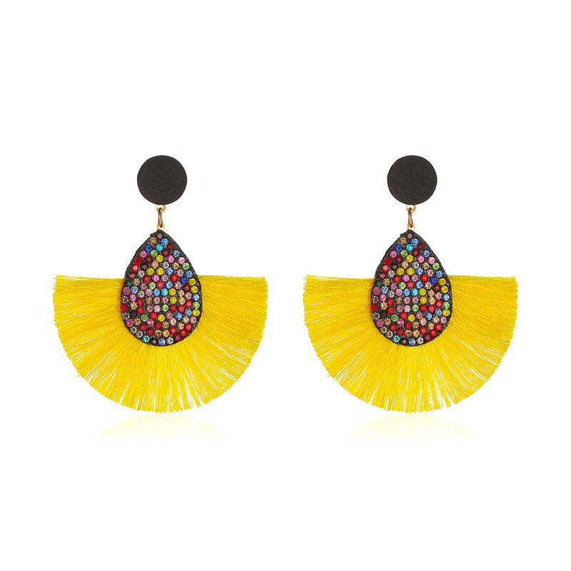 New Retro Exaggerated Colored Diamond Bohemian Creative Fan-shaped Tassel Earrings Wholesale