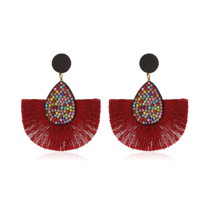 New Retro Exaggerated Colored Diamond Bohemian Creative Fan-shaped Tassel Earrings Wholesale