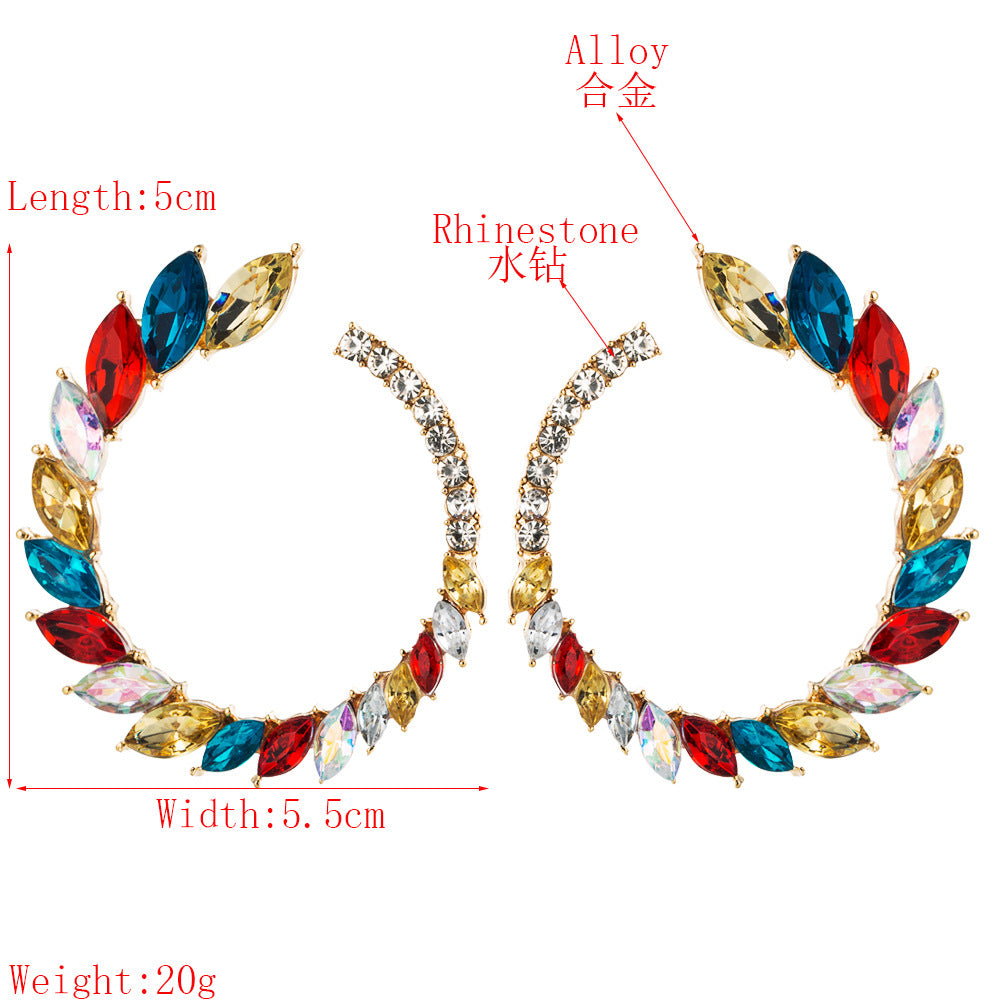 Europe And The United States Selling Retro Inlaid Colorful Rhinestone Earrings Female Exaggerated Large Circle Earrings Set Luxury Super Flash C-shaped Stud Earrings