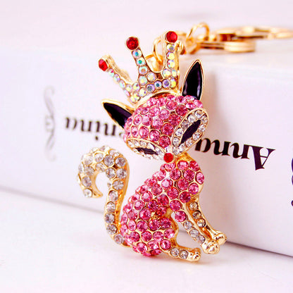 Korean Creative Cute Cartoon Crystal Crown Little Fox Keychain