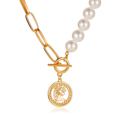 Women's Coin Pendant Pearl Necklace