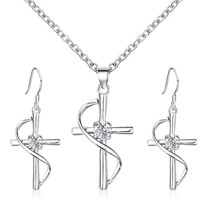 Simple Style Cross Imitation Diamond Alloy Plating Inlay Artificial Diamond Silver Plated Women's Jewelry Set