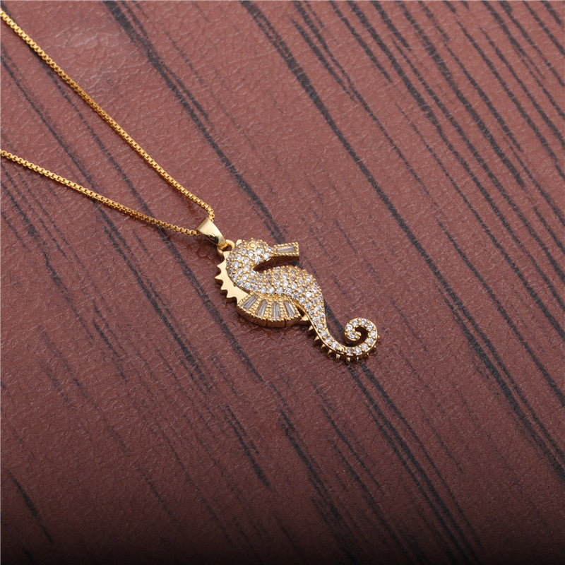 Micro-inlaid Zircon Seahorse Pendant Necklace