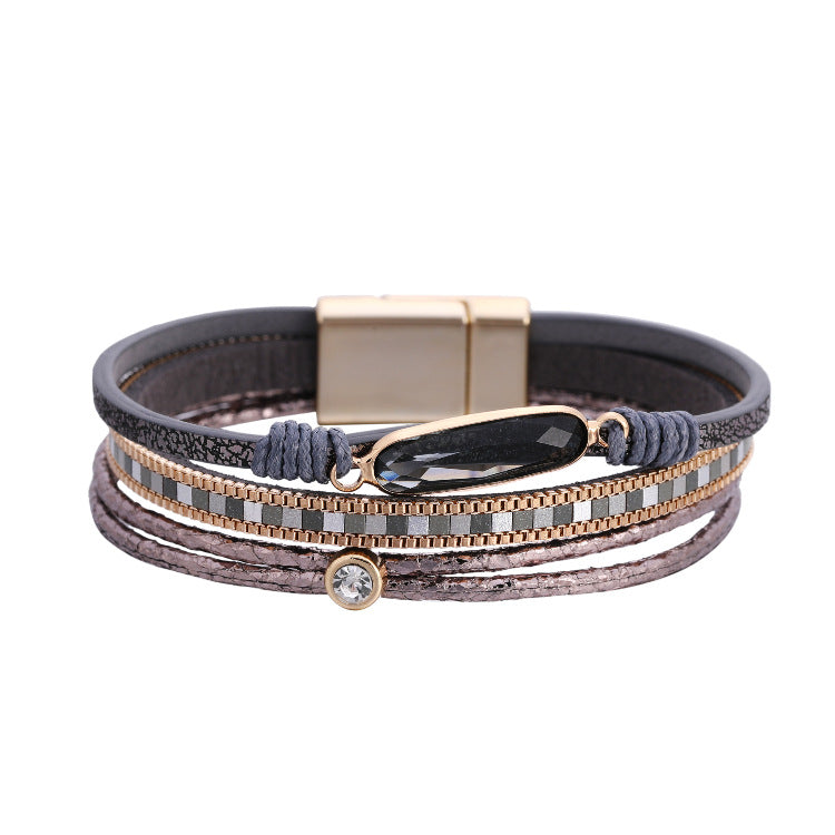 Bohemian Fashion Crystal Magnetic Buckle Leather Bracelet