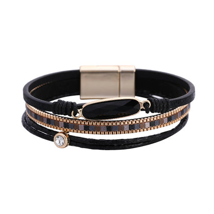 Bohemian Fashion Crystal Magnetic Buckle Leather Bracelet