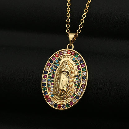 Copper Micro-inlaid Colored Zircon Virgin Mary Pendant Necklace