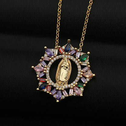 Copper Micro-inlaid Colored Zircon Virgin Mary Pendant Necklace