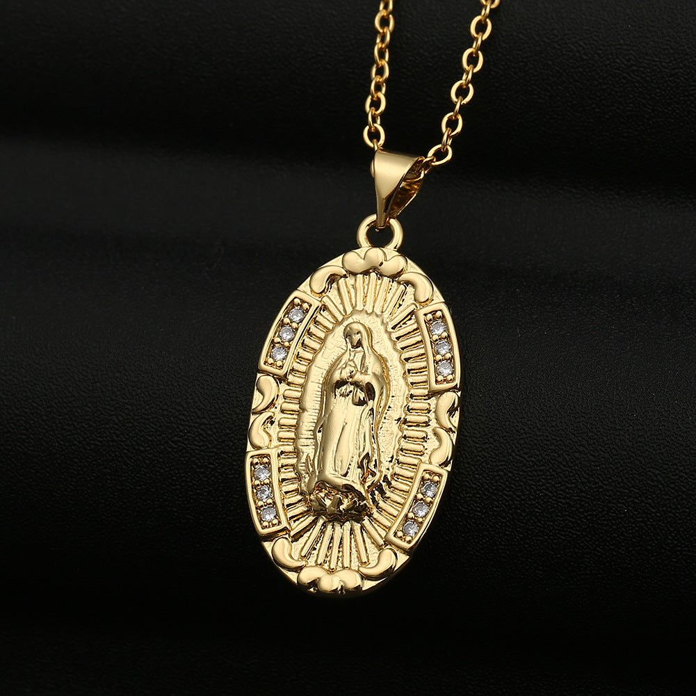 Copper Micro-inlaid Colored Zircon Virgin Mary Pendant Necklace