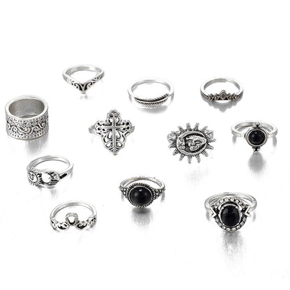 Fashion Vintage Carved Sun Feather Cross Black Gem Ring 11 Piece Set Set