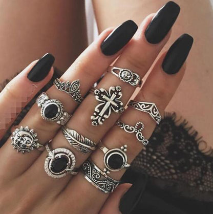 Fashion Vintage Carved Sun Feather Cross Black Gem Ring 11 Piece Set Set