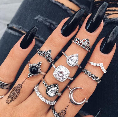 Fashion Vintage Carved Sun Feather Cross Black Gem Ring 11 Piece Set Set