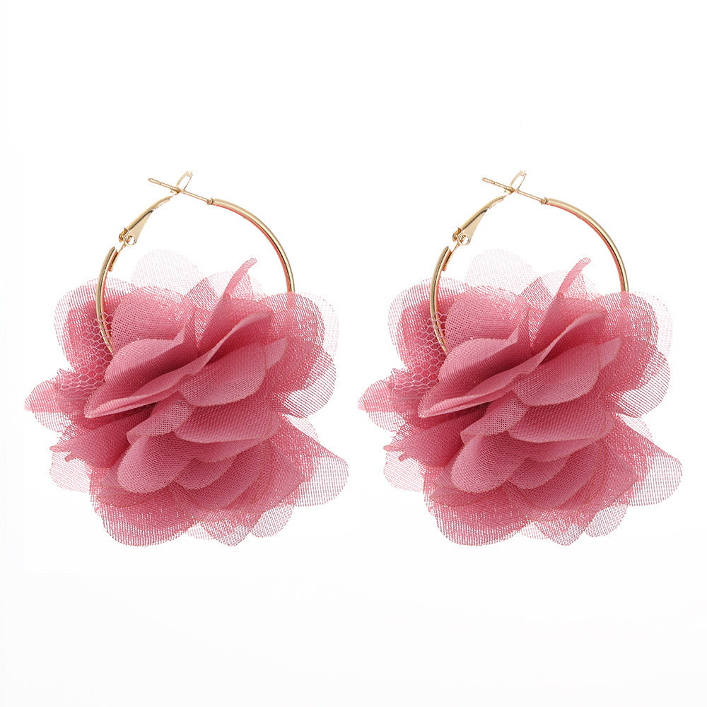 Fashion Chiffon Cloth Lace Flower Multi-layer Earrings