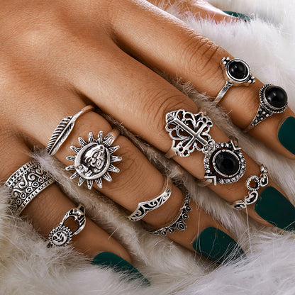 Fashion Vintage Carved Sun Feather Cross Black Gem Ring 11 Piece Set Set