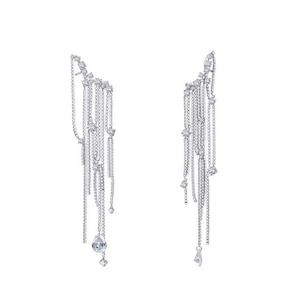 Fashion Inlay Diamond Zircon Crystal Tassel Long Alloy Earrings