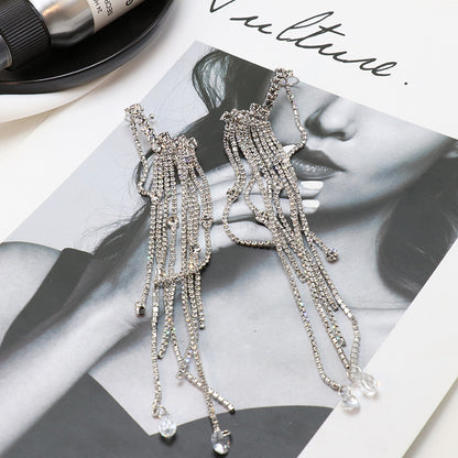 Fashion Inlay Diamond Zircon Crystal Tassel Long Alloy Earrings