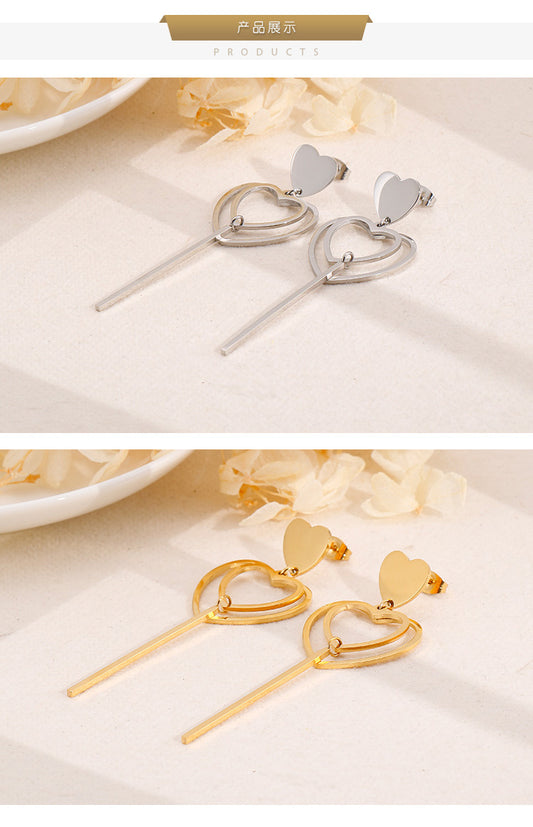 European And American New Earrings Women's Heart-shaped Long Earrings In Stock Wholesale Stainless Steel Fashion Simple Jewelry