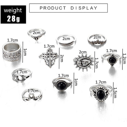 Fashion Vintage Carved Sun Feather Cross Black Gem Ring 11 Piece Set Set