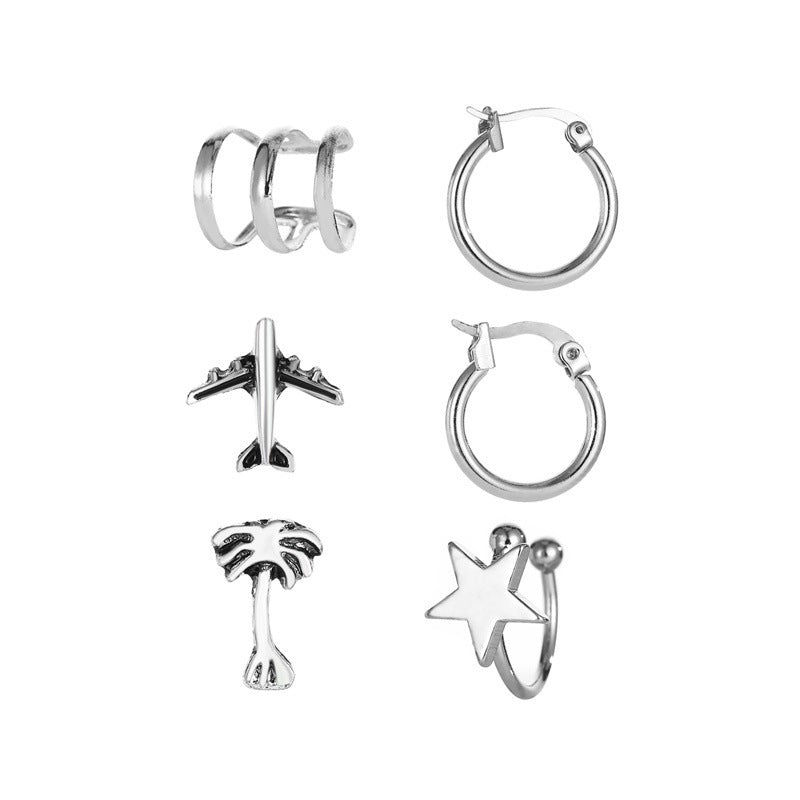 Retro Simple Airplane Coconut Tree Earrings Set