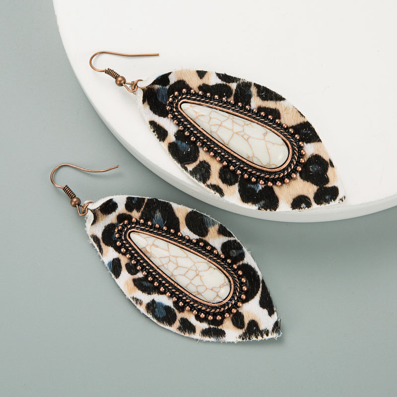 1 Pair Elegant Leopard Inlay Pu Leather Alloy Turquoise Turquoise Drop Earrings