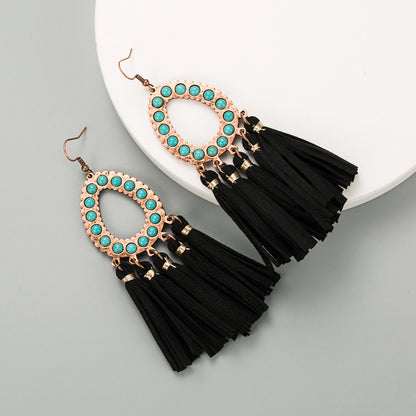 1 Pair Elegant Luxurious Bohemian Oval Tassel Plating Inlay Pu Leather Turquoise Gold Plated Drop Earrings