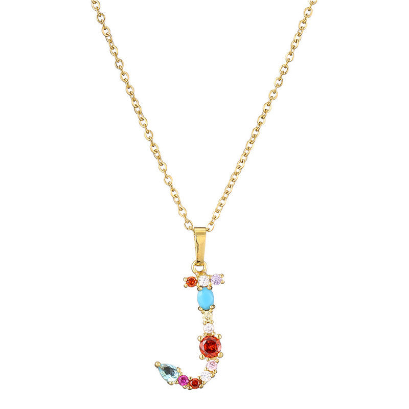 26 English Letter Necklace  New Mixed Colored Gem Inlaid Clavicle Chain Female Color Retention Electroplating Best Seller In Europe And America