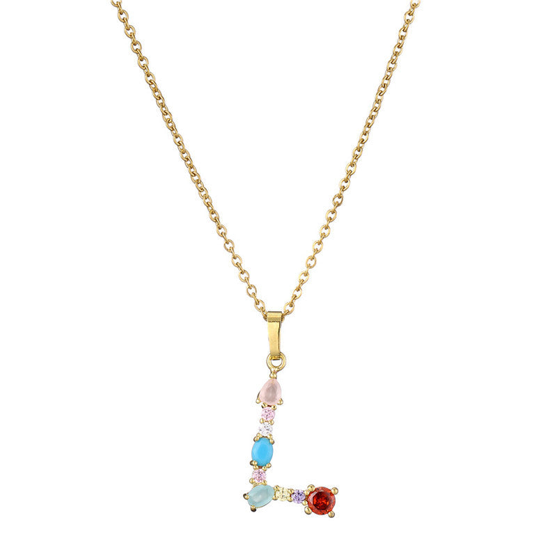 26 English Letter Necklace  New Mixed Colored Gem Inlaid Clavicle Chain Female Color Retention Electroplating Best Seller In Europe And America