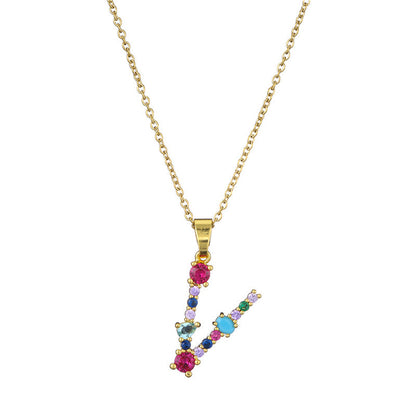 26 English Letter Necklace  New Mixed Colored Gem Inlaid Clavicle Chain Female Color Retention Electroplating Best Seller In Europe And America