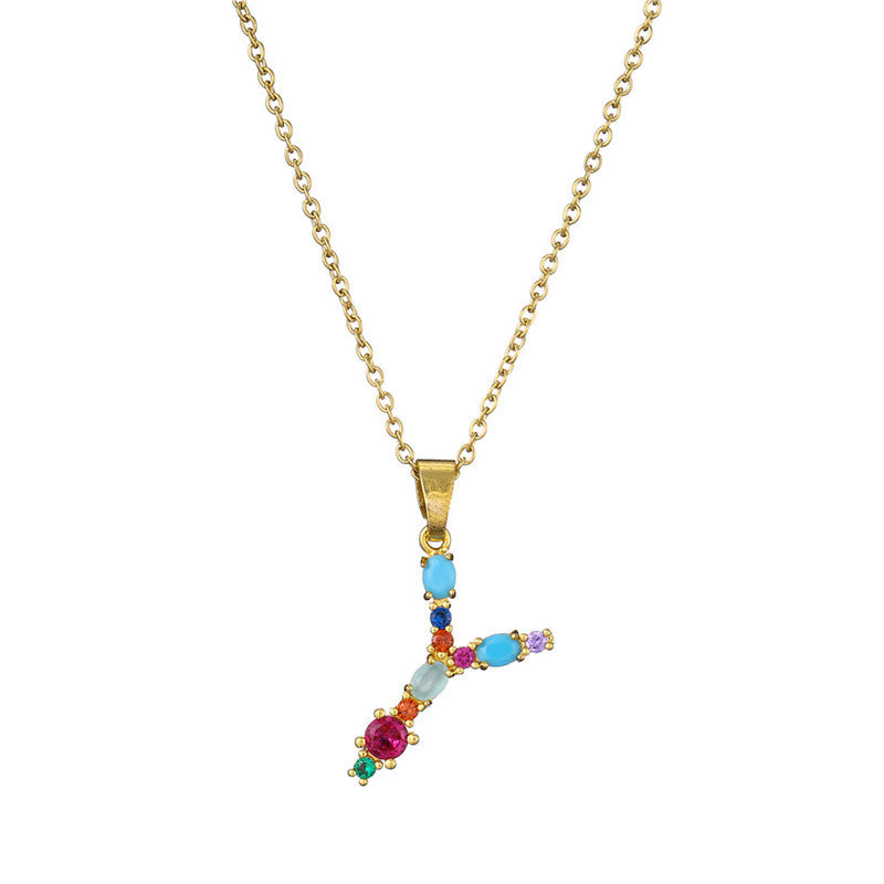 26 English Letter Necklace  New Mixed Colored Gem Inlaid Clavicle Chain Female Color Retention Electroplating Best Seller In Europe And America