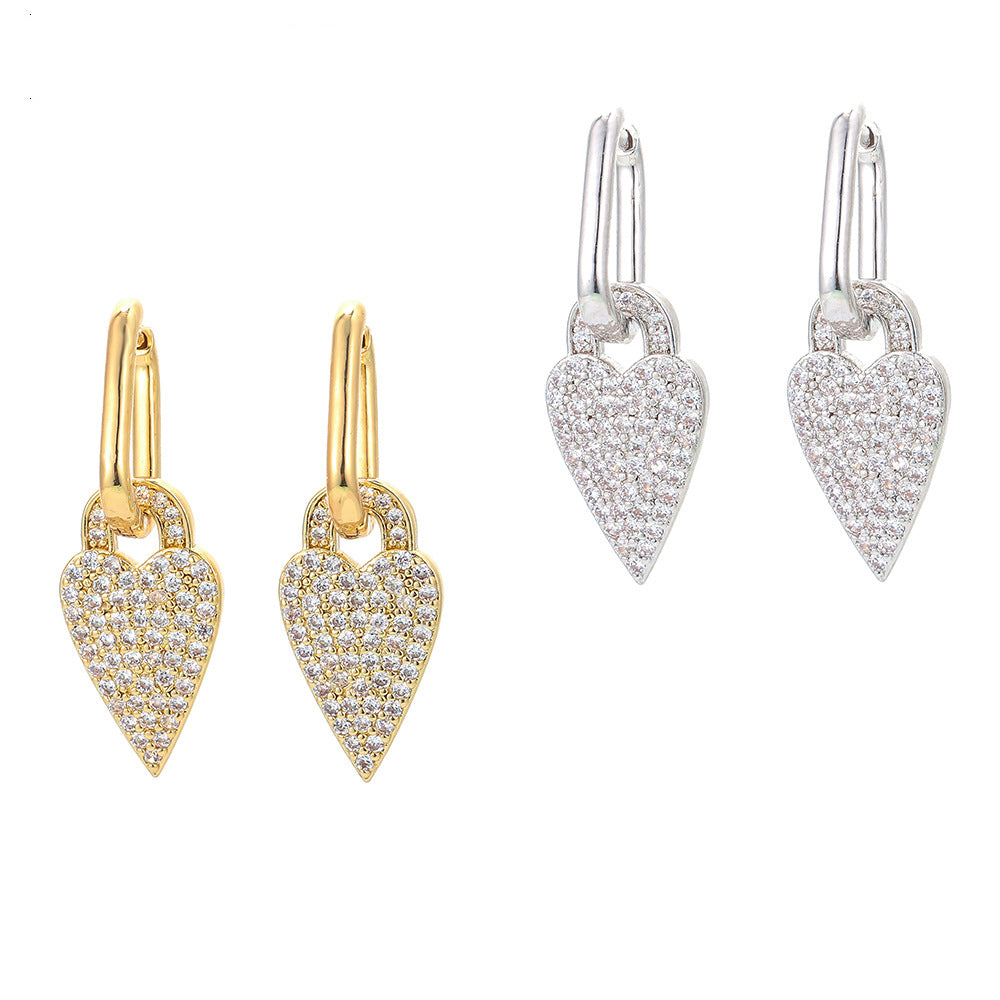 Fashion Lock Shape Heart Full Diamond Zircon Earrings