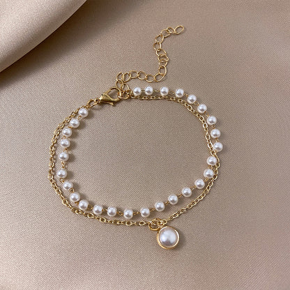 Simple Double Pearl Dream Catcher Pendant Crystal Bracelet