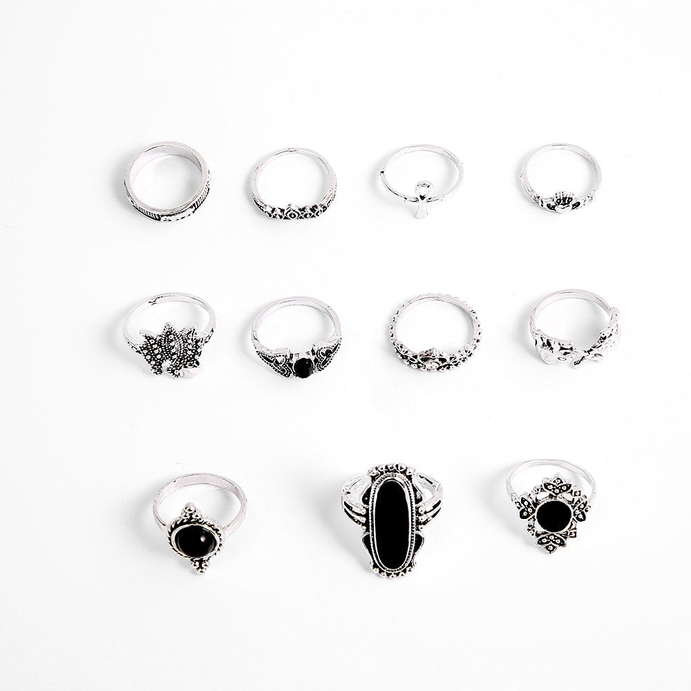 Fashion Black Gemstone Elephant Lotus Crown Cross 11 Piece Set Alloy Ring