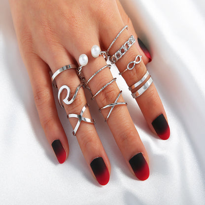 Simple Fashion Style Pearl Cross Ring Set