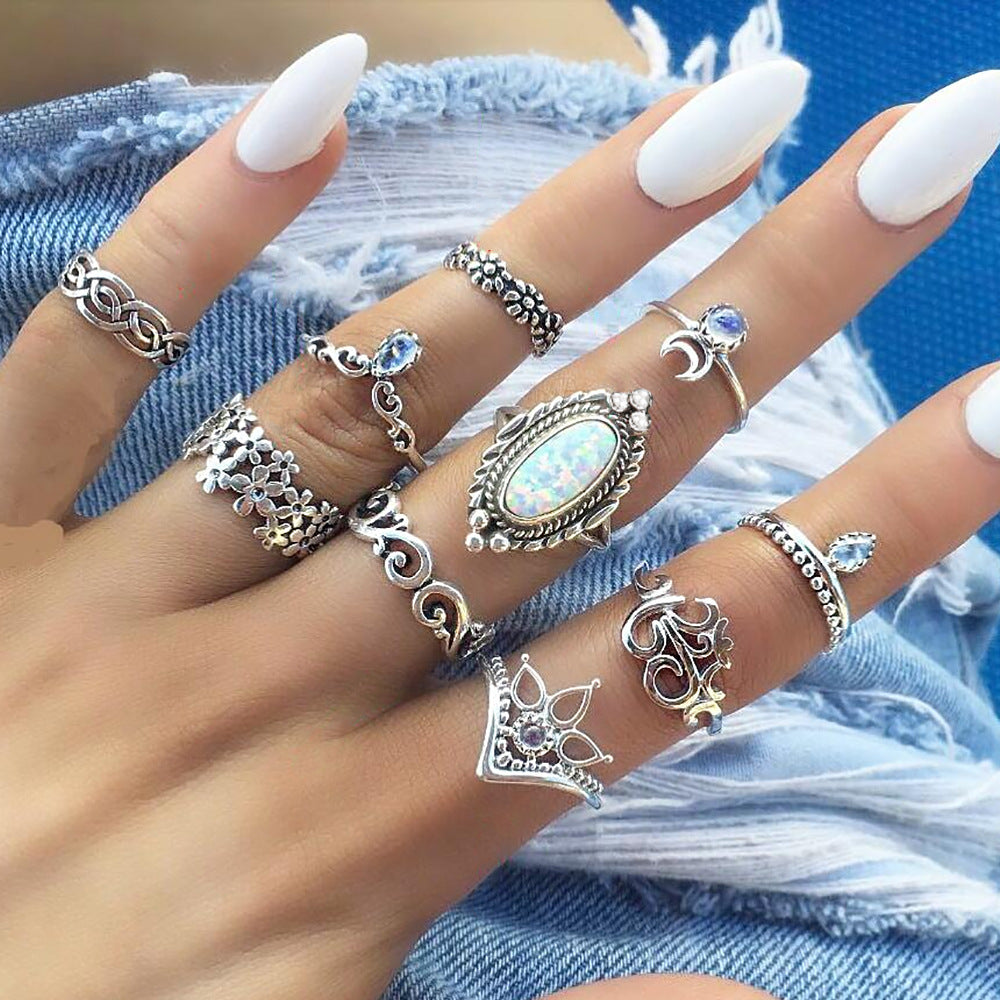 Fashion New Style Opal Diamond Crescent Flower Geometric Ring Set