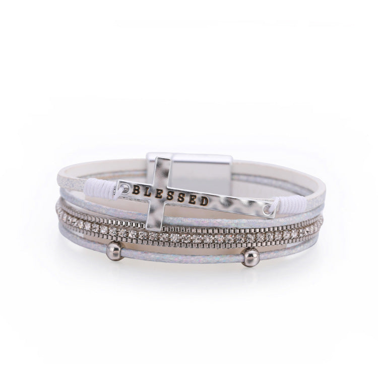 Fashion Cross Fine Diamond Leather Magnetic Buckle Multicolor Bracelet