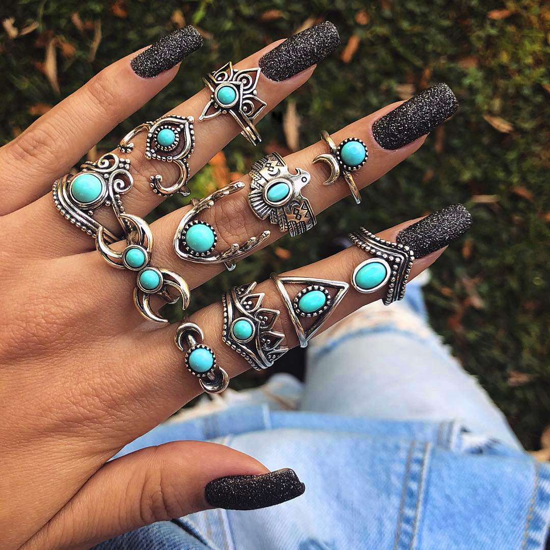 Fashion Geometric Stars Feathers Turquoise Diamond Ring Set