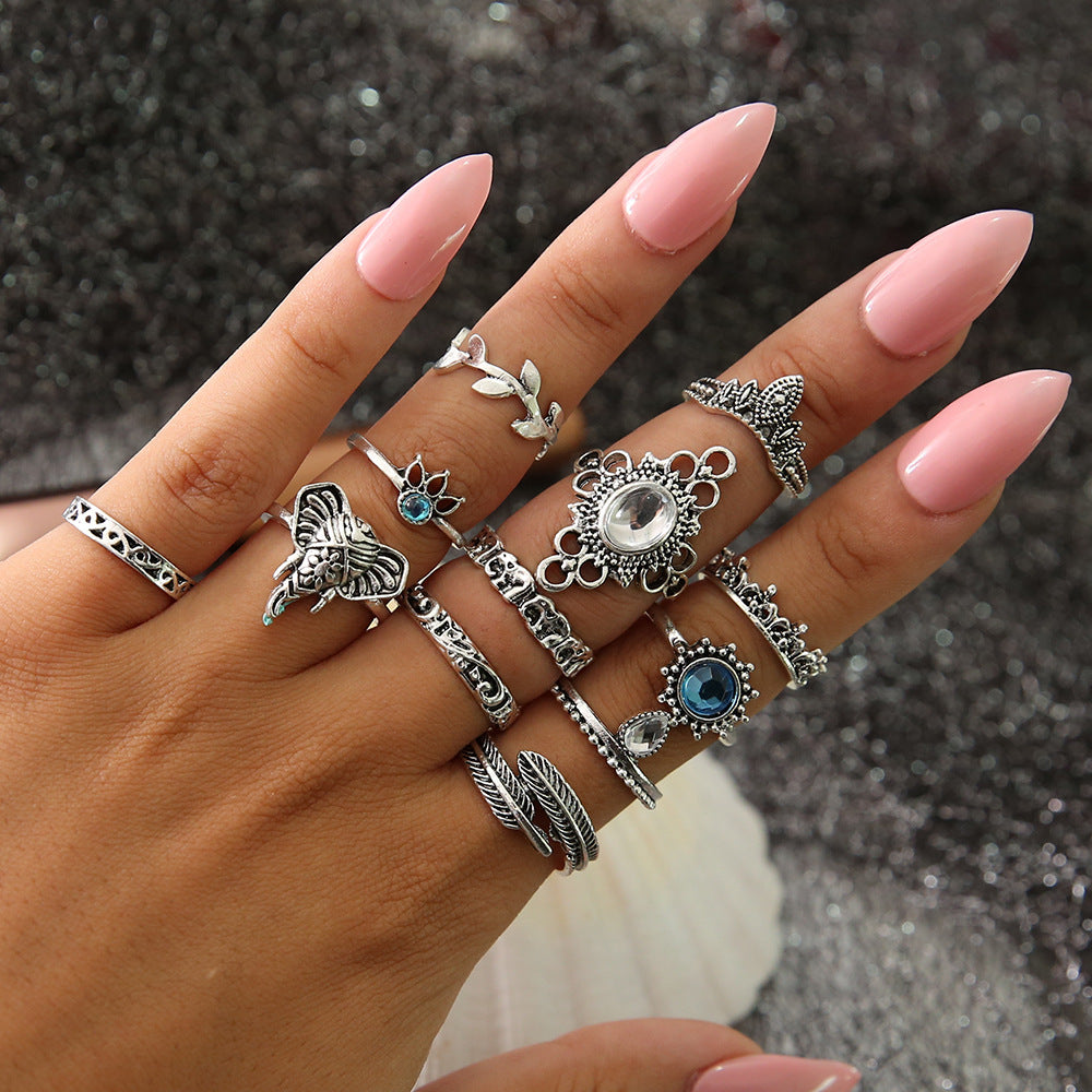 Fashion Geometric Stars Feathers Turquoise Diamond Ring Set