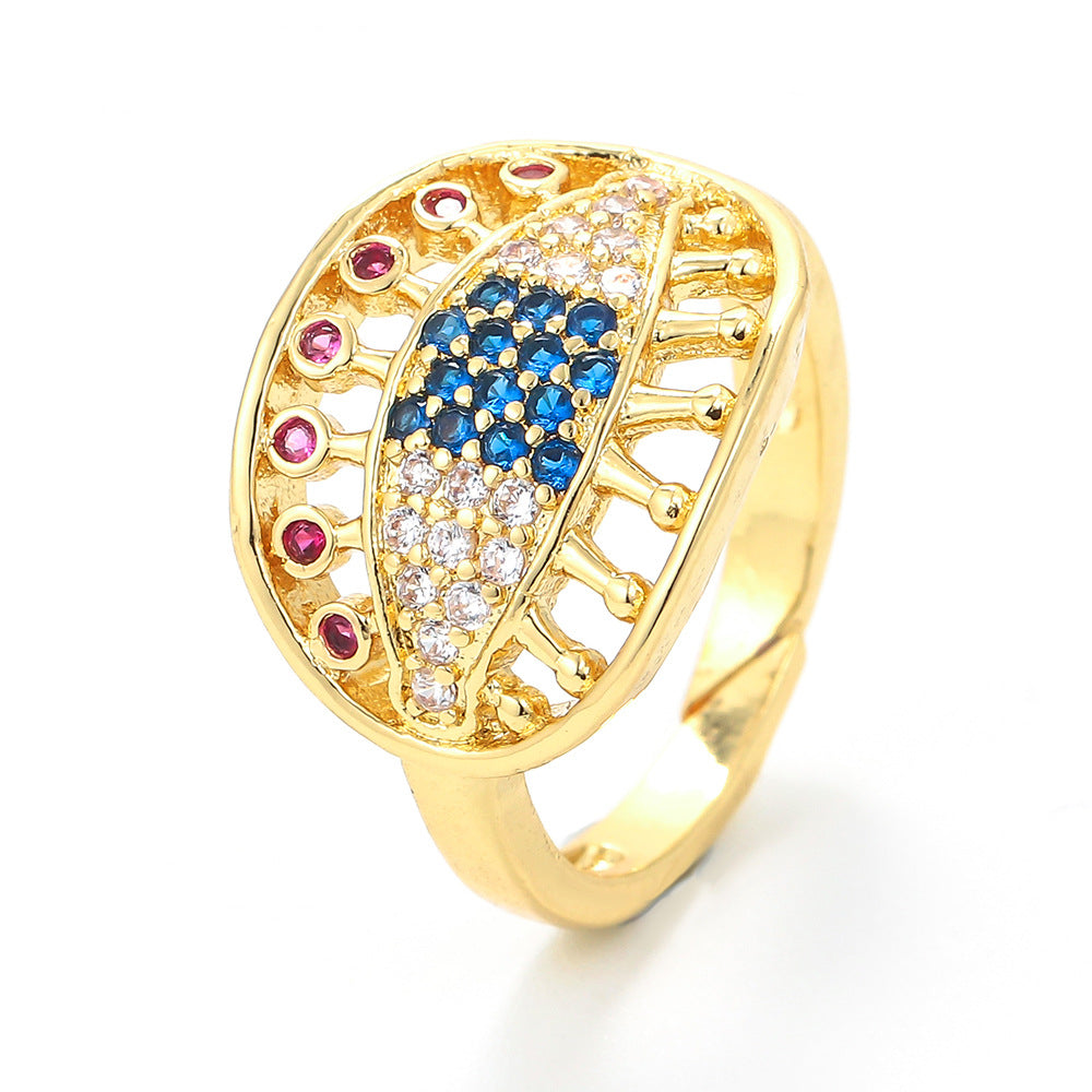 Fashion Colored Micro-inlaid Diamond Oval Eye Hollow Ring