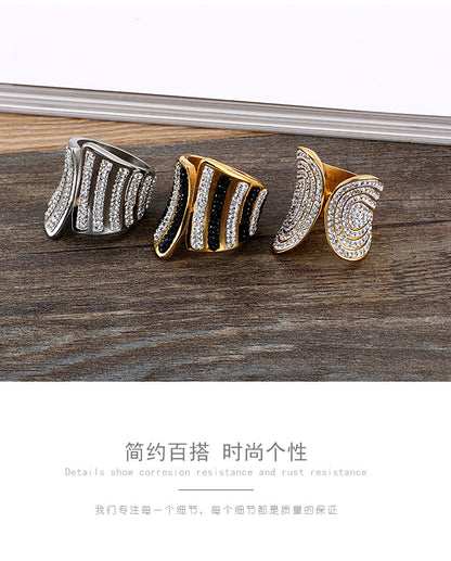 European And American Fashion Full Diamond Ring Stainless Steel Electroplated 18k Real Gold Exaggerated Large Mesh Woven Female Raw Ring Jewelry