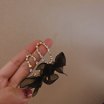 Korean Style Retro Fabric Bow Rhinestone Earrings