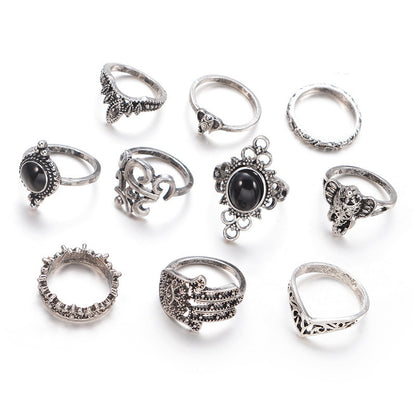 Retro Elephant Palm Water Drop Ring Ten-piece Set