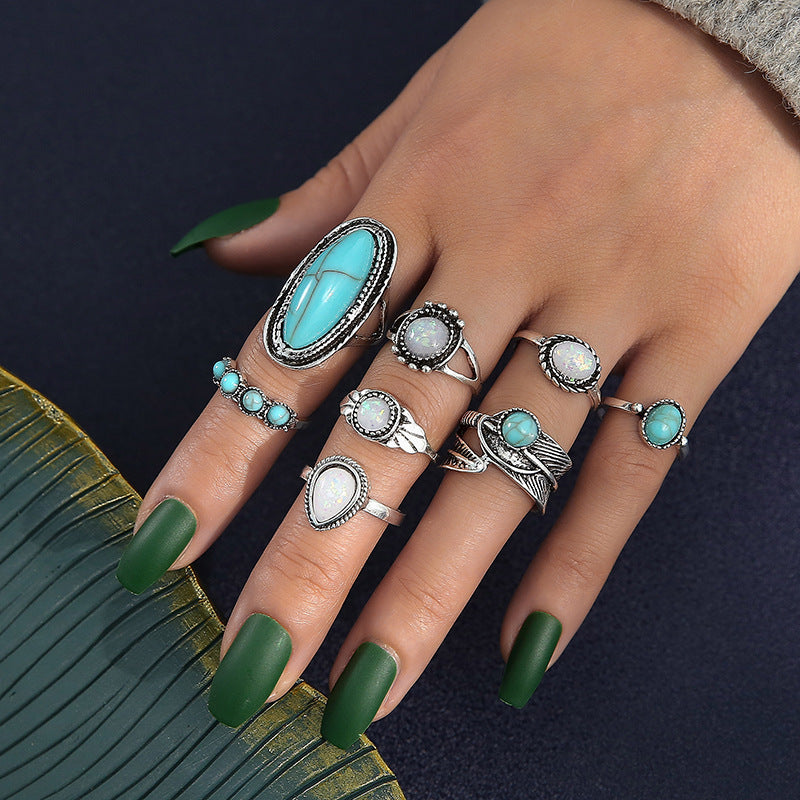 Retro Inlaid Turquoise Carved Feather Alloy Ring 8-piece Set