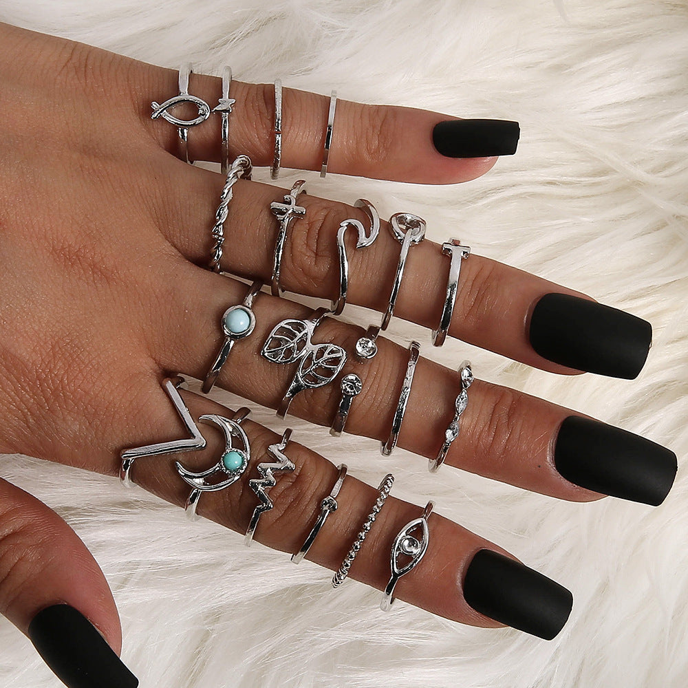 Retro Geometric Stars Feathers Gems Moon Rings Set