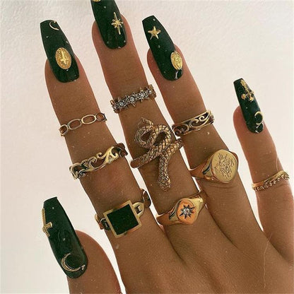 Retro Geometric Stars Feathers Gems Moon Rings Set