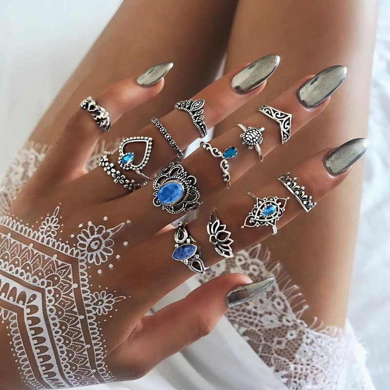 Retro Geometric Stars Feathers Gems Moon Rings Set