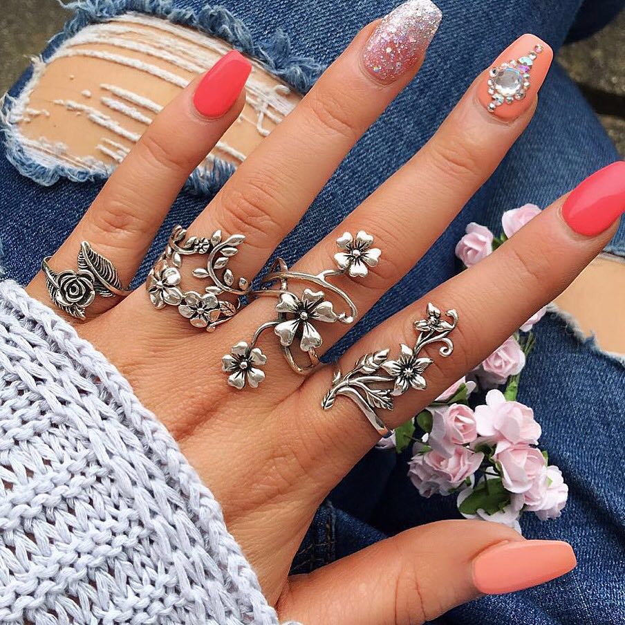 Retro Geometric Stars Feathers Gems Moon Rings Set