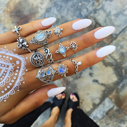 Retro Geometric Stars Feathers Gems Moon Rings Set